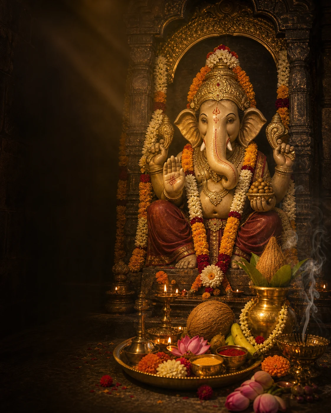 Lord Ganesha in a temple shrine with lamps, flowers, and pooja offerings